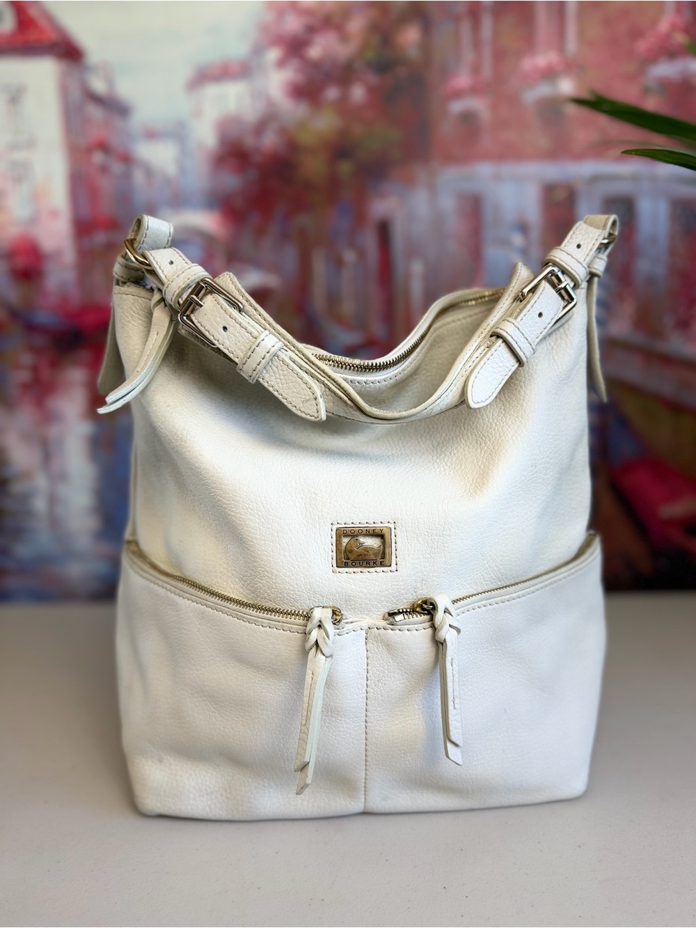 Vintage Dooney & Bourke White Pebbled Leather Hobo Shoulder Bag